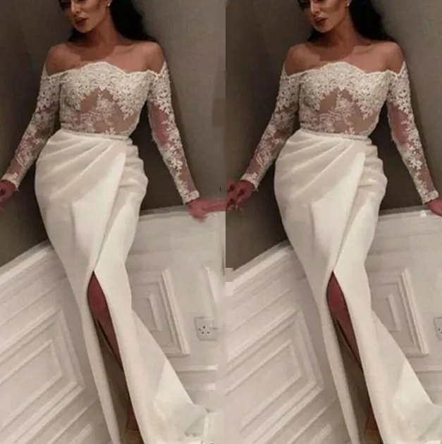 Sexy Split Front Long Prom Dresses 2022 Appliques Lace Off Shoulder Long Sleeve Arabic Dubai Ivory Formal Evening Gowns Reception Party Wear