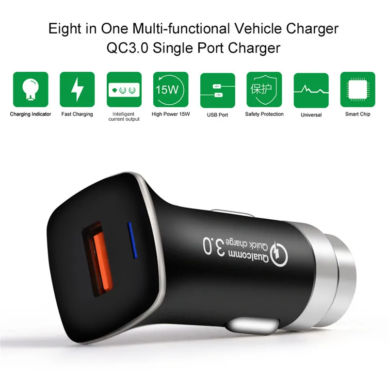 Chargeur de voiture USB QC 3.0, charge rapide, adaptateur secteur, marteau de sécurité en métal, unités de charge de batterie
