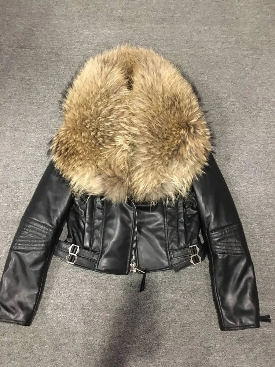 genuine sheepskin leather jacket with big raccoon fur collar (2)