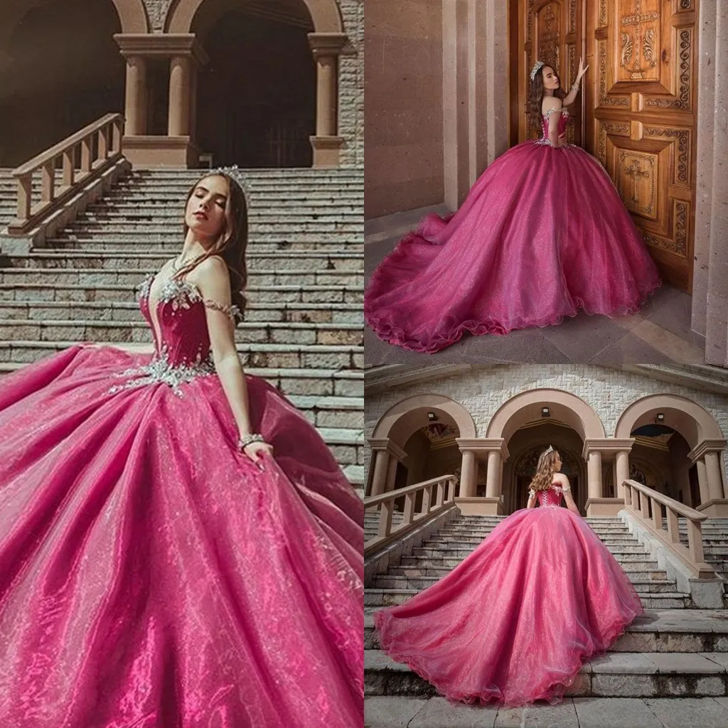 Kryształ Zroszony Off Ramię Sweet 16 Quinceanera Dresses 2021 Suknia Balowa Princess Puff Organza Masquerade Vestidos Prom Party Dress Al4814