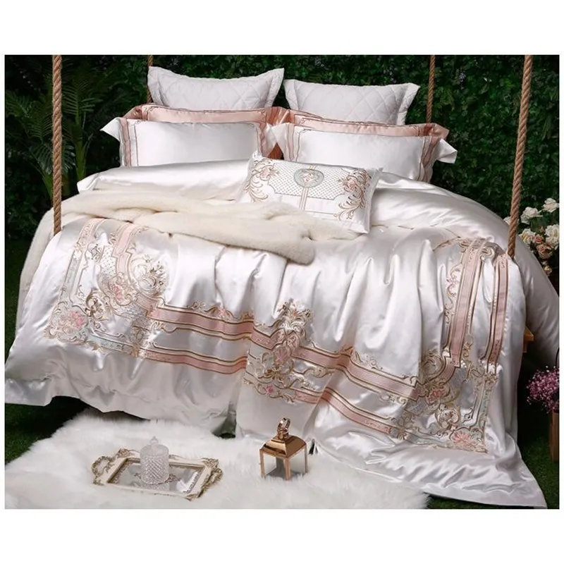 Witte zijde katoen luxe beddengoed set queen kingsize bed set Egyptisch katoen bed / hoesje dekbedovertrek bed set Parure de lit T200706