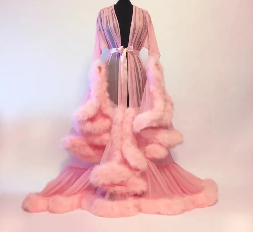 Sexy Feather Trumpet Tailed Skirt Night Gown Ostrich Bride Sleepwear Robes Long Sleeves Dressing Gown Women Sexy Pajamas Dresses