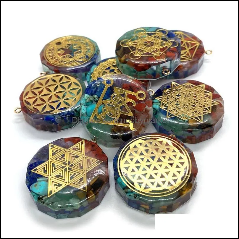 Charms Seven Chakra Natural Stone Pendant Exquisite Jewelry Sacred Geometry Power Amulet Aura 34mm