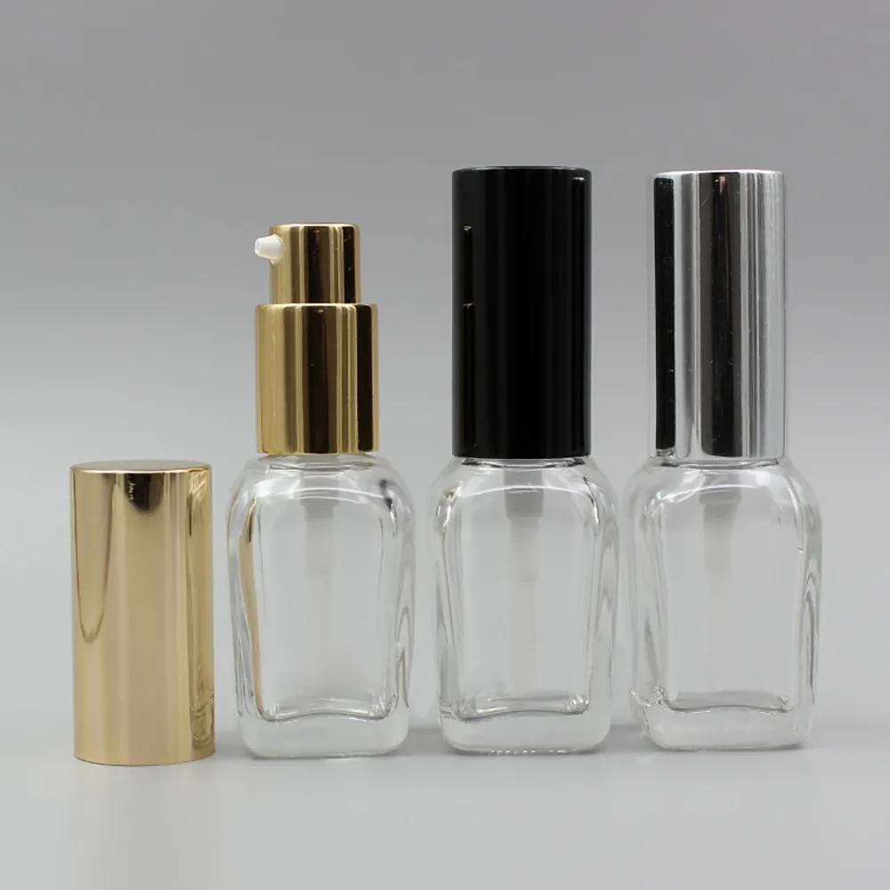 garrafa de óleo 20ml Atacado quadrado claro cosméticos de vidro essencial com bomba de loção, ouro / prata / l preto