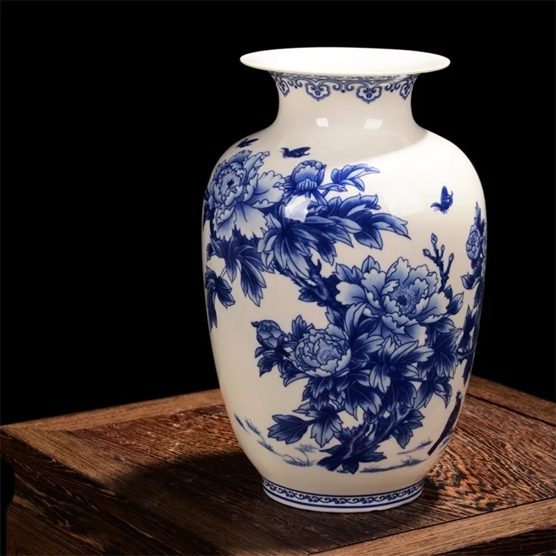 Jingdezhen 파란색과 흰색 도자기 화병 고급 뼈 중국 꽃병 모란 장식 고품질 세라믹 꽃병 LJ201208