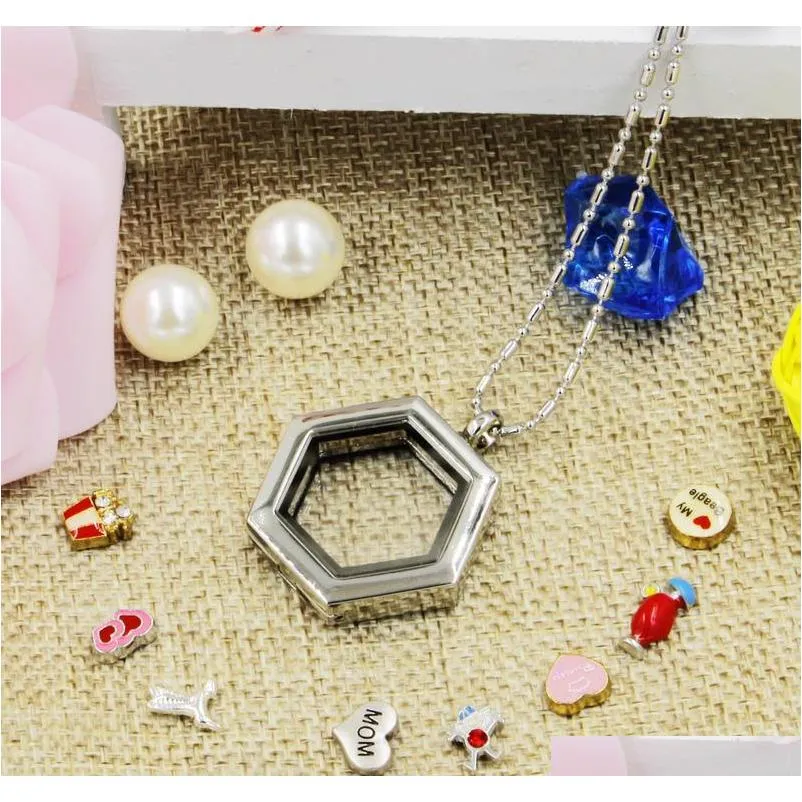 hot selling novelty hexagon heart magnetic crystal diy floating memory living locket pendant gift for girls women daughter with 