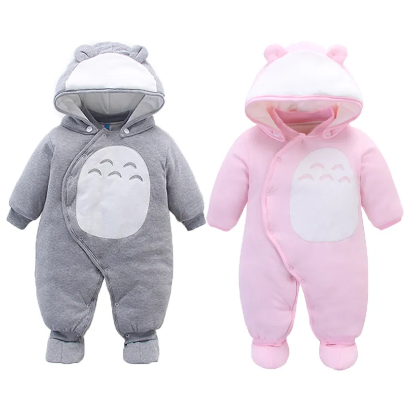 Noworodek Baby Totoro Romper Japoński Anime Niemowlę Bawełniany Chłopiec Dziewczyna Kapturem One-Pieczęciowe Grube Ubrania Zimowe Stroje Bebe 201023