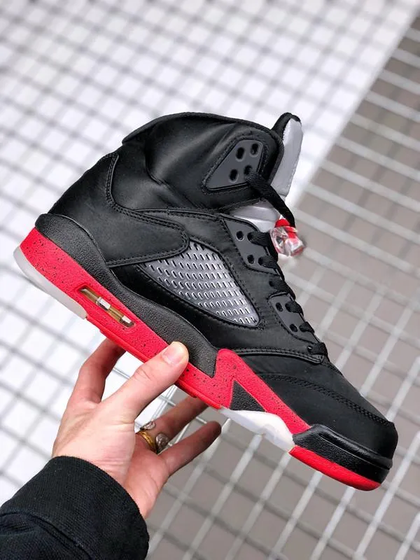 Classic Basketball Shoes Jumpman 5s High Satin Bred BLACK/ RED Color All-Black Upper Top Red Midsole black Accents Translucent Sole Sports Shoe Size US4-13 InStock
