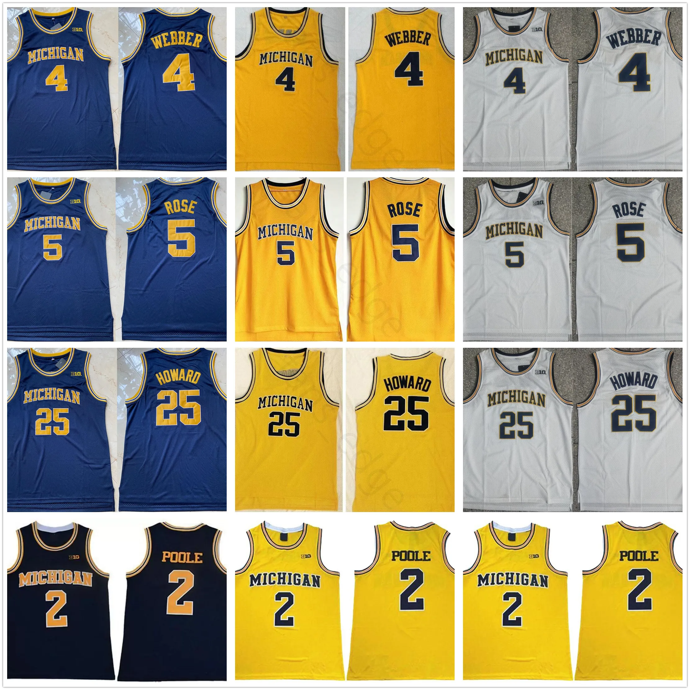 NCAA Michigan Wolverines College 2 Poole Basketball Jerseys 5 Jalen Rose 4 Chris Webber 25 Juwan Howard vintage Amarelo azul branco Camisas costuradas S-xxl
