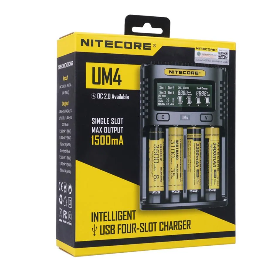 Nitecore UM4 Ładowarka baterii Inteligentne obwody Globalne Ubezpieczenie Li-Ion 18650 21700 26650 Baterie wyświetlacza LCD Ładowarki A15