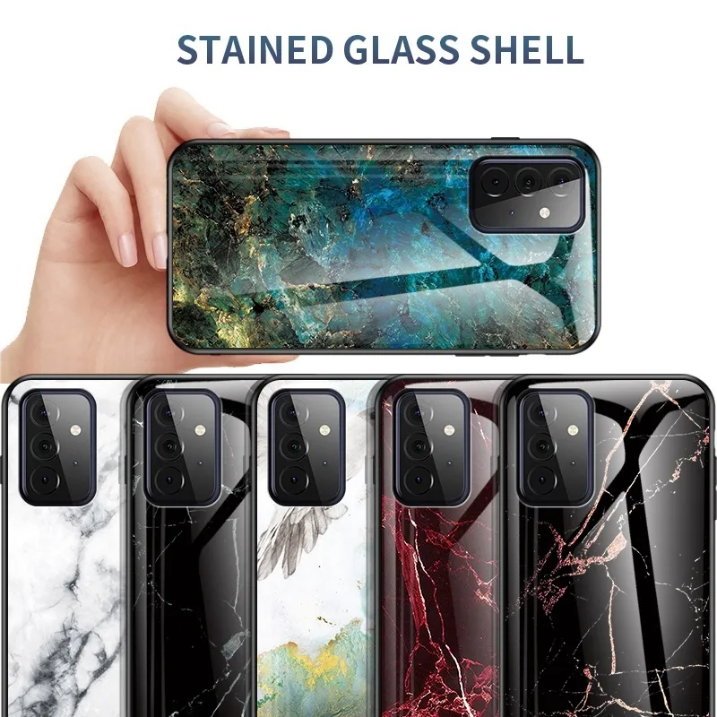 Svåra Fodral för Samsung Galaxy A82 A72 A52 5G Marmortryck Härdad glasskydd med mjuka TPU-kanter Anti-Scratch