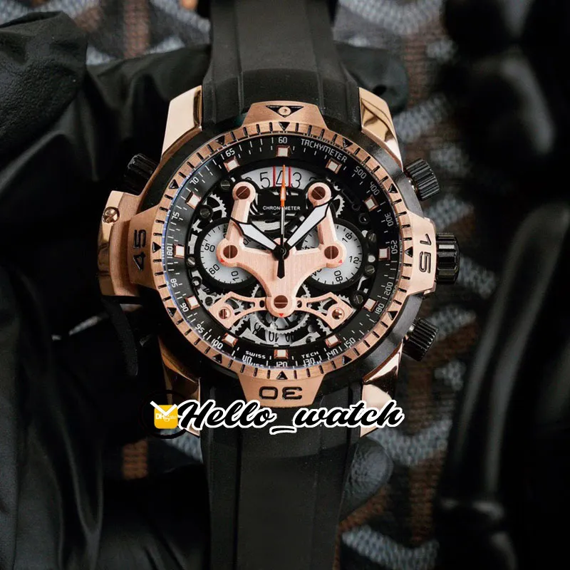 Ny ChronoFighter 45mm Rose Gold Two Tone Caes Quartz Chronograph Mens Watch Black Skelett Ring Gummi Strap Sport Klockor Hello_Watch