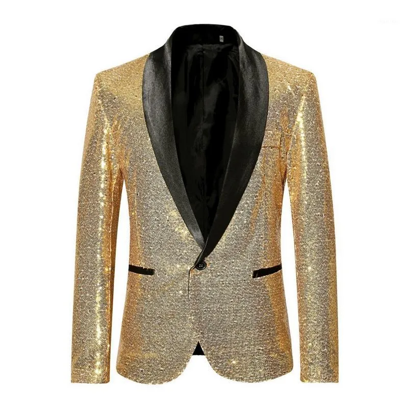 Men's Suits & Blazers Shiny Gold Sequin Bling Glitter Blazer Men 2021 Shawl Collar Club DJ Mens Jacket Stage Clothers For Singers1