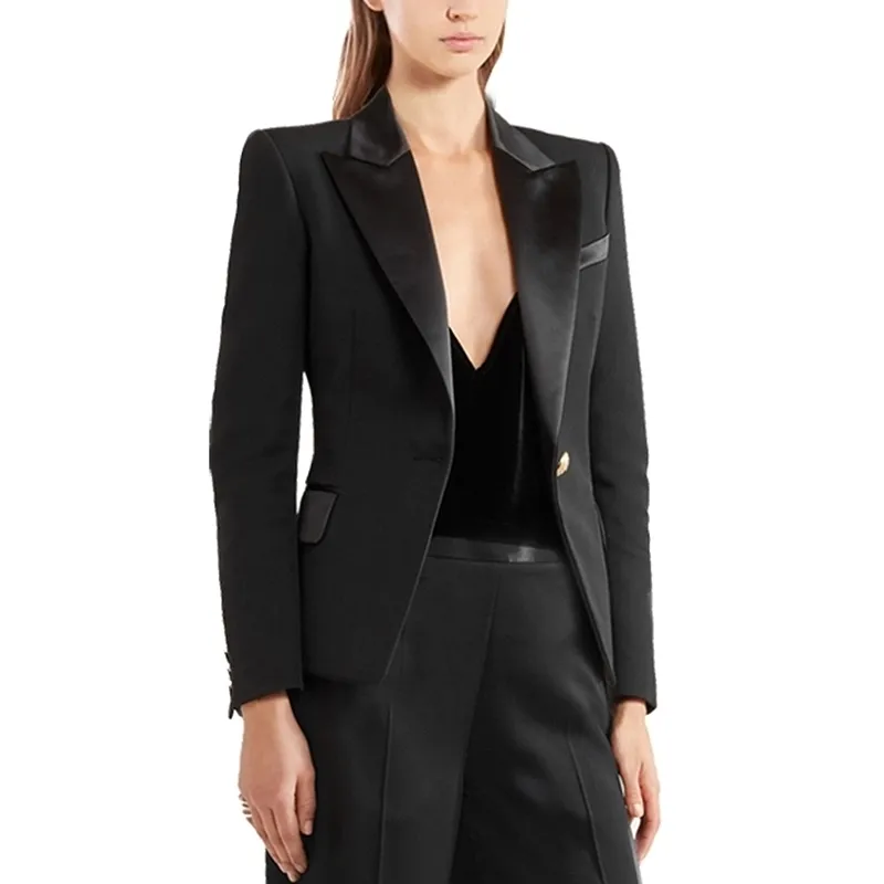 Haute qualité Femmes élégantes Designer Blazer Satin Col Lion Bouton Bouton unique Blazer Veste 201201