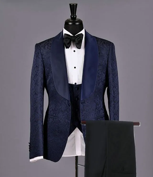 Navy Blue Paisley Midnight Blue Tuxedo Groom With Big Shawl Collar ...