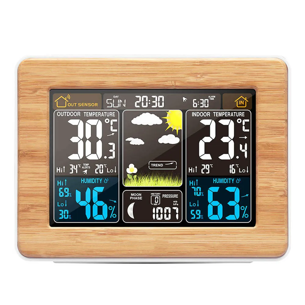 木造の目覚まし時計デジタル温度の無線バロメーターの予測天気ステーション電子腕時計デスクテーブルクロックカラーディスプレイ