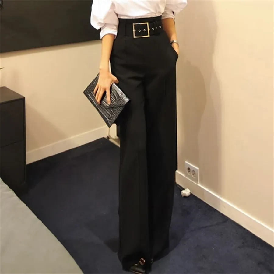 Workwear 정장 블랙 스트레이트 바지 높은 허리 Pantalon 의상 바지 여름 바지 여성 넓은 다리 바지 여성 바지 201118