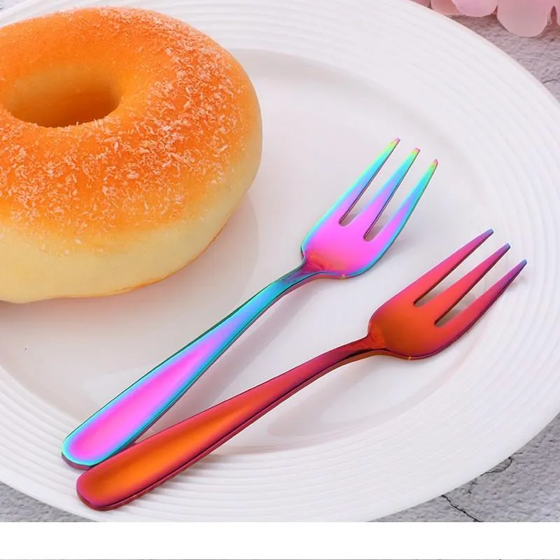 Colorful Stainless Steel Fork Fruit Dessert Cake Fork Colorful Tableware Restaurant Kitchen Dining Forks Blue Gold Rainbow Color DH8588