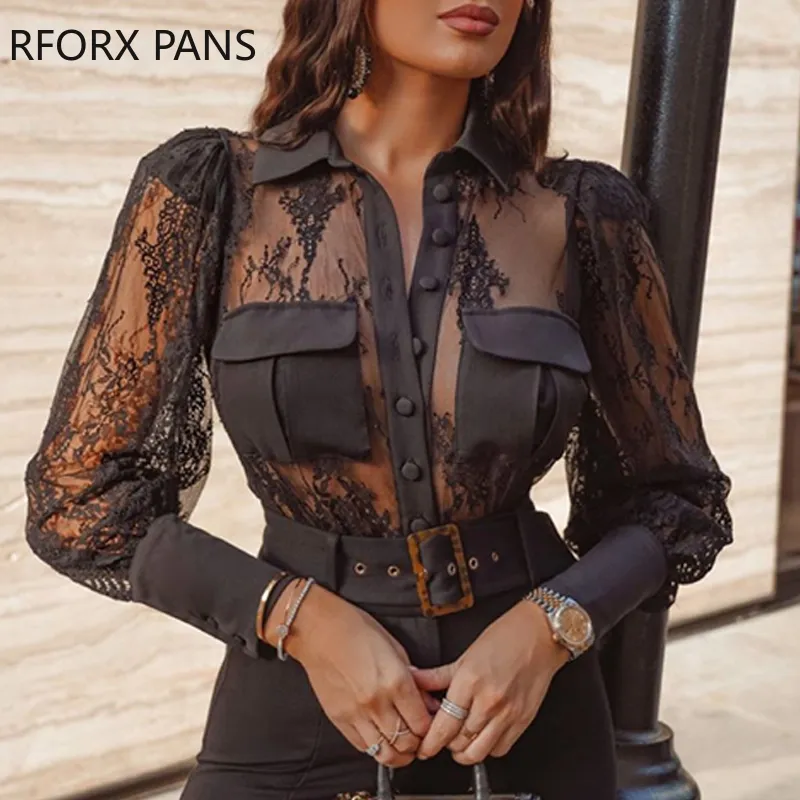 Mesh Lace Detail Button Up Blouse Mesh Womens Tops and Blouses T200801
