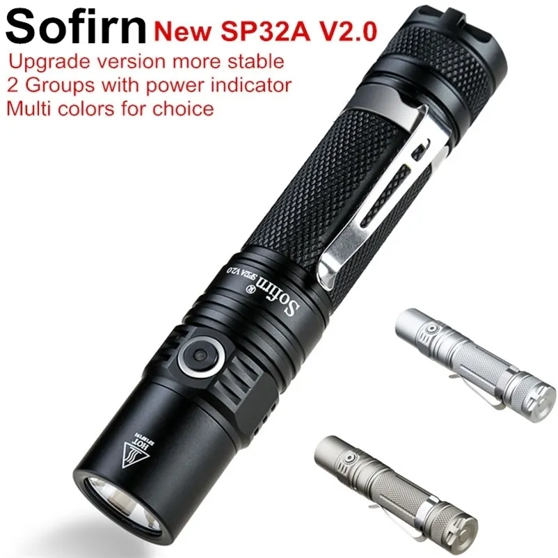 Sofirn SP32A v2.0 Kraftig LED-ficklampa 18650 Hög effekt 1300LM CREE XPL2 Torch Ljus 2 Grupper med rampindikatorlampa 220110