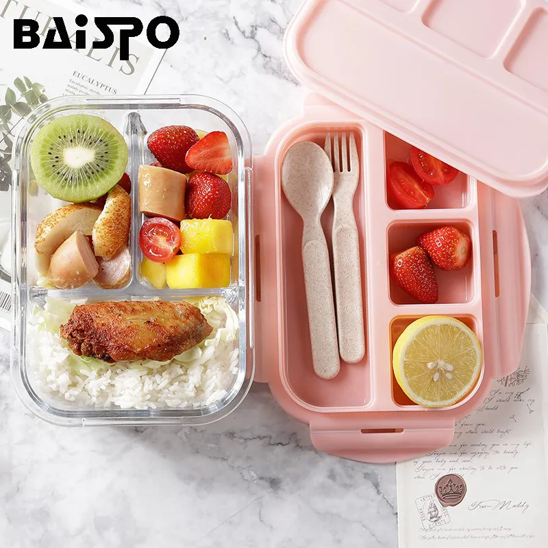 Baispo Boîte à lunch pour enfants Verre Micro-ondes Bento Box Récipient alimentaire et compartiment de stockage École Cuisine étanche chauffée T200710