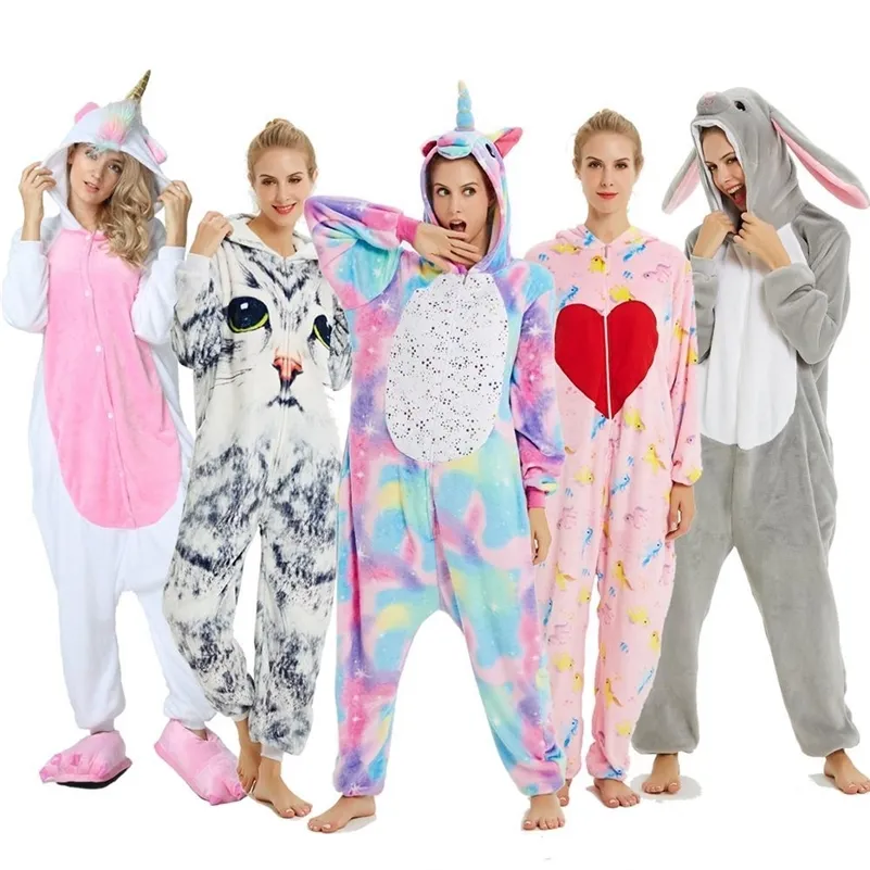 Adultes Animal Kigurumi Femmes Pyjamas Flanelle Vêtements De Nuit Cosplay Hiver Unisexe unicornio Point De Bande Dessinée Licorne Pyjamas Ensembles Y200708