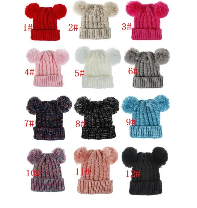 Heet verkoop Winter Breien Hoed Meisje Mooie Dubbele Bal Gebreide Cap Peuter Warm Skullies Caps Kid Haak Pompom Beanie Buiten Warme Hoed