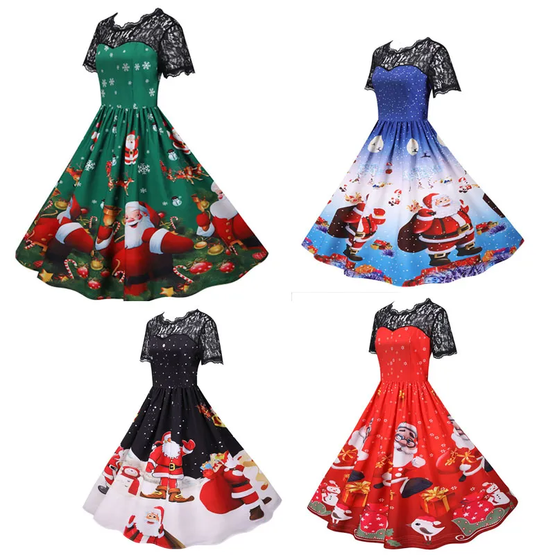 Vestido de Natal de renda Mulheres 2020 Nova manga curta Imprimir cintura alta elegante vintage inverno xmas roupão vestido sundress plus tamanho 3xl