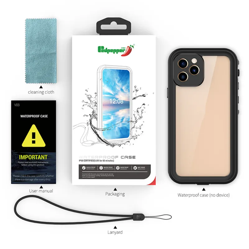 Capas de telefone à prova d'água para iPhone12 Mini 11 PRO XR Max XS 8Plus 7 6S Clear Redpepper Capa de natação à prova de choque à prova de neve