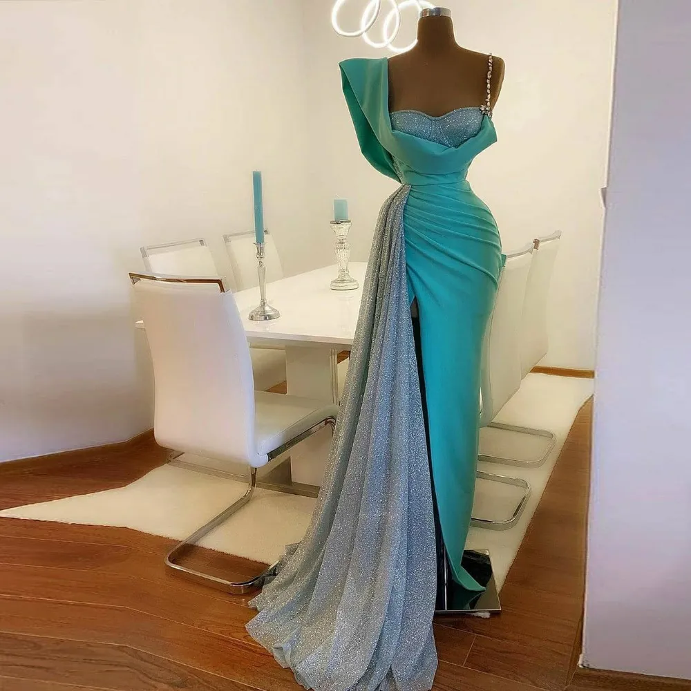 Seksowne Turkusowe Wysokiej Side Split Prom Dresses 2021 Syrenka Cekinowe Długie Party Suknie Kryształy Formalna Suknia Wieczorowa Vestidos De Festa