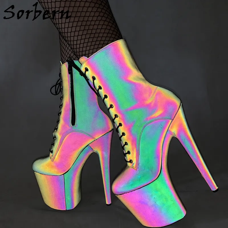 Botas descoloridas luminárias de Sorben para mulheres tornozelo alto botas de booties de nightclub pólo de dança de dança de salto patrform de sapato cores personalizadas