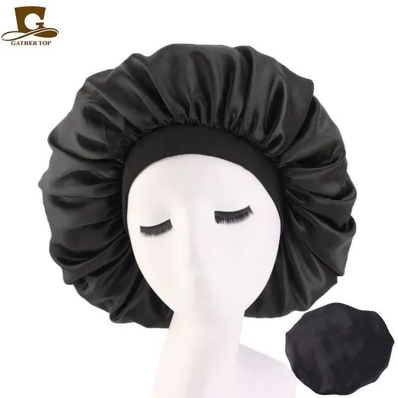 Nouveau femmes grande taille beauté impression Satin soyeux Bonnet sommeil bonnet de nuit couvre-chef Bonnet chapeau pour cheveux bouclés élastiques noir