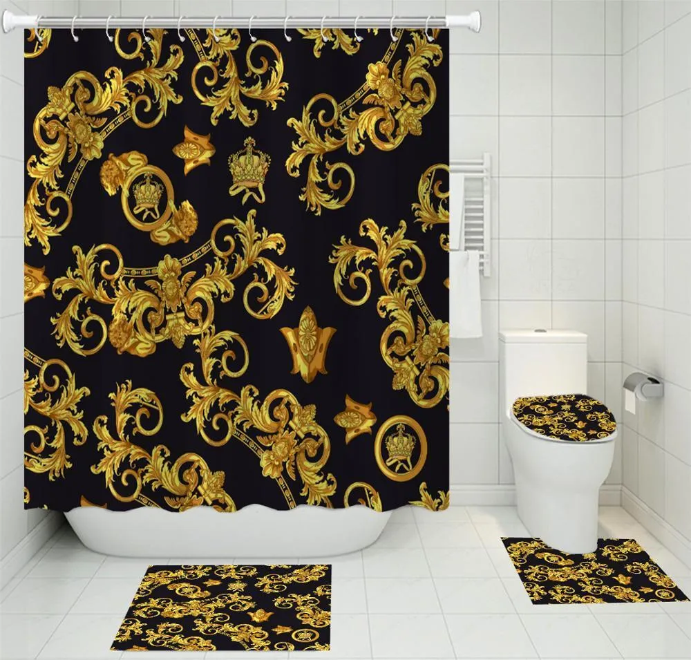 Polyester stof douchegordijn vierdelig toiletzitting cover pad vloermat barok retro douchegordijn bad tapijt bad mat LJ201128