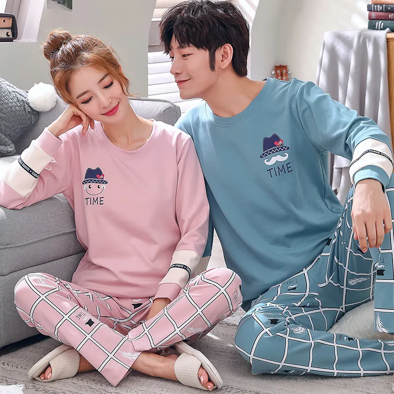 Soft Cotton Carton Print Pajama Set For Women And Men Long Sleeve