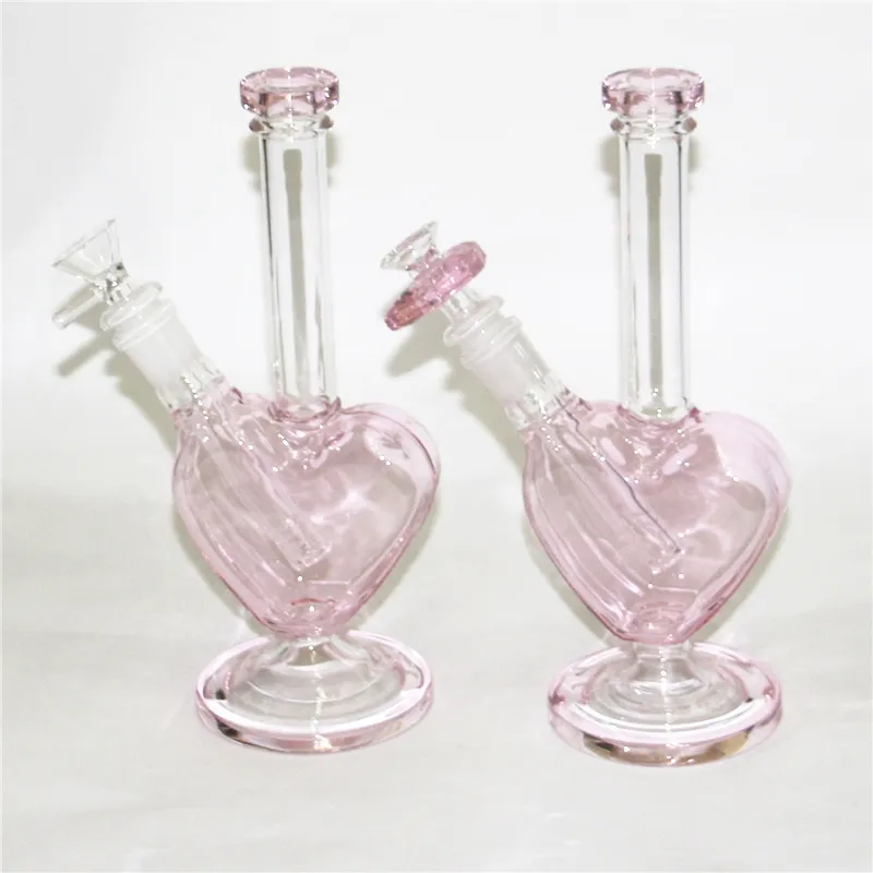 9 tum hjärtform Glas vattenrör bongs vattenpipa rosa färg dab riggar med 14 mm hjärtskålskålar askfångare