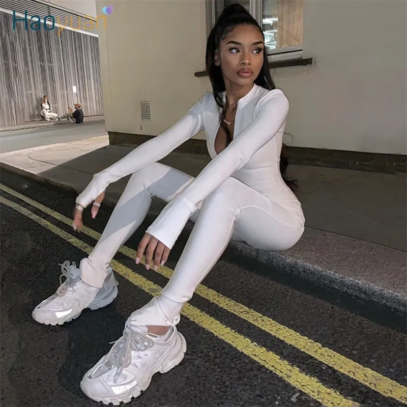 Haoyuan Sexy Rits één Peice Jumpsuit Dames Fitness Sport Tracksuit Outfits Zwart Wit Lange Mouw Bodycon Rompertjes Jumpsuits T200509