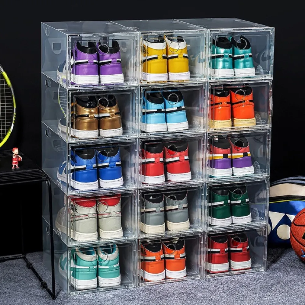 Verdickte Kunststoff-Sportschuhe, staubdichte Aufbewahrungsboxen, transparenter Sneaker, stapelbarer Organizer, Haushaltsbox, Ausstellungsschrank, Größe 47, US13