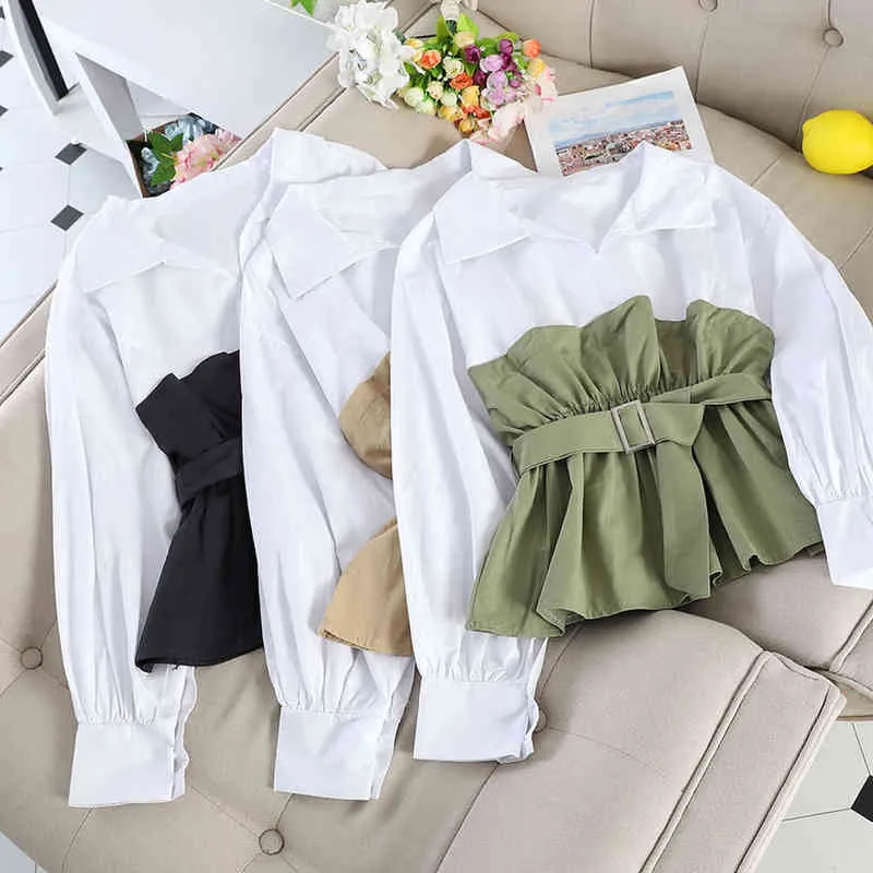 Col blanc chemise volants chemisier décontracté hauts femmes à manches longues couture tuniques col en V dames vêtements avec ceinture 2021 mode H1230
