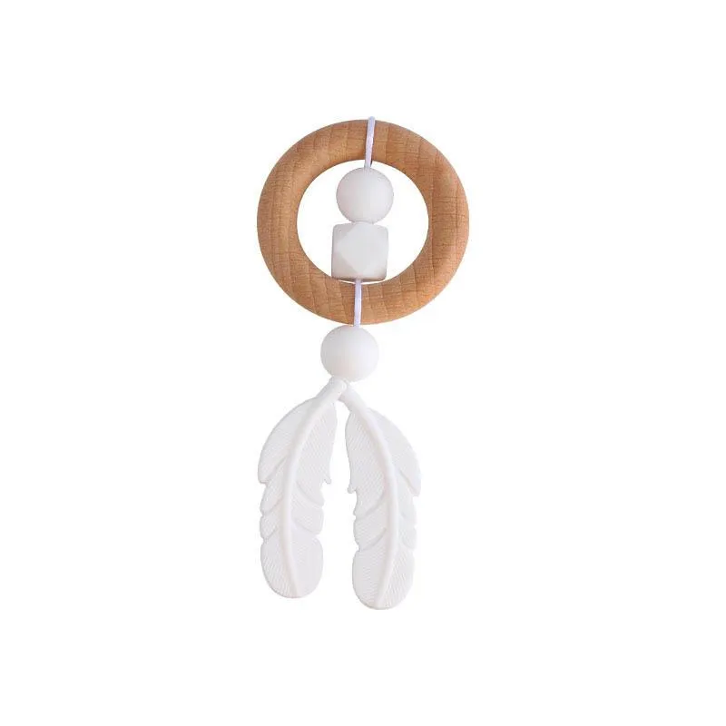 New DIY feather Baby Teether Rings Wooden Bead Newborn Silicone teethers Baby Chew Toys Wood Teething silicone Infant Teethers