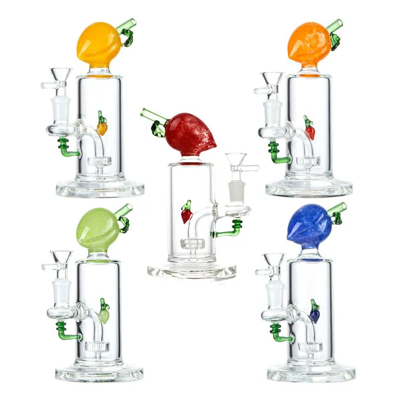 7 인치 5mm 두꺼운 인기있는 독특한 물 담뱃대 샤워 헤드 Perc 오일 Dab rigs 물 파이프 14mm 그릇 복숭아 모양의 과일 봉 유리 봉지 DHL20093