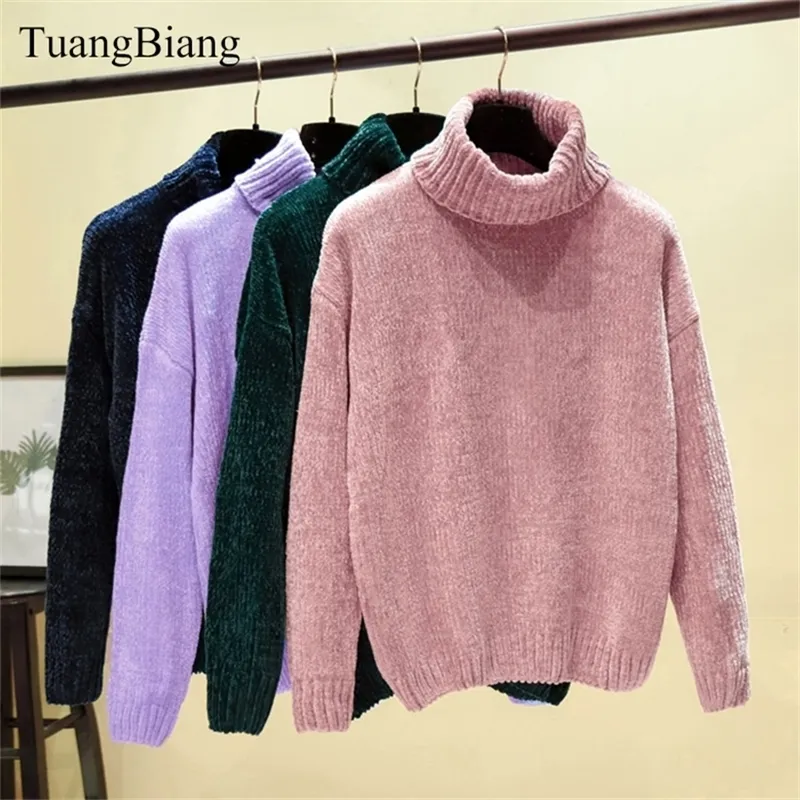 Chic Vintage Chenille Cashmere Womens Full sleeve Gold Velvet Sweaters Winter Ladies Solid Turtleneck Loose Female jumpers 201221