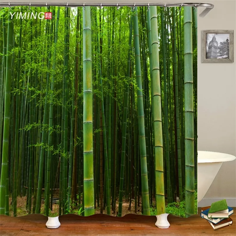 Dekoracja łazienkowa Wodoodporna poliestrowa zasłona prysznicowa drukowanie 3D Green Bamboo Drukowanie Home Decoration Curtain z haczykiem LJ201130