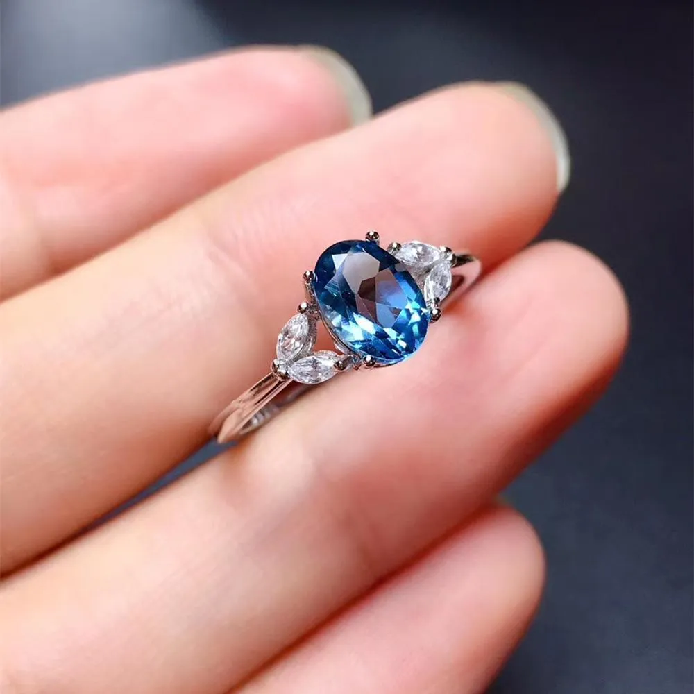 Natural Topaz Ring S925 Sterling Silver Natural London Blue Topaz Lady Gem Ring Simple Style Ring Y1124