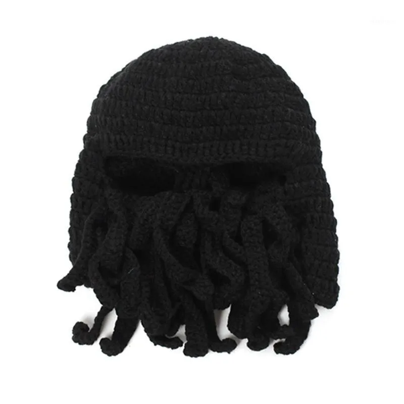 Cappellini da ciclismo Maschere Divertente Tentacle Octopus Beanie Knit Beard Hat Fisher Cap Wind Ski Mask Nero