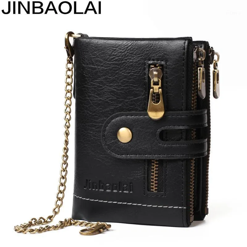 Wallets JINBAOLAI Mens Wallet Chain Retro Zipper Coin Purse ID Holder Leather Short Portefeuille Homme Men