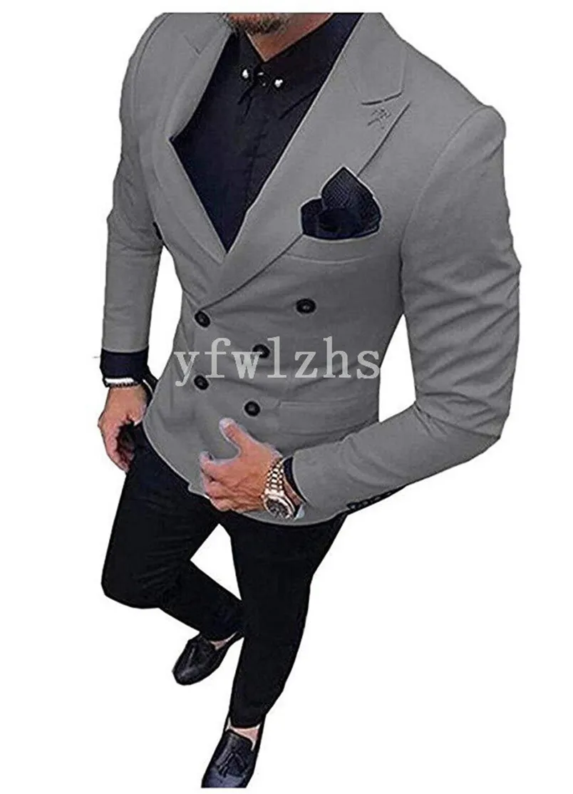 Popular Double-Breasted Groomsmen Handsome Peak Lapel Groom Tuxedos Men Suits Wedding/Prom Best Man Blazer ( Jacket+Pantst+Tie) Y259