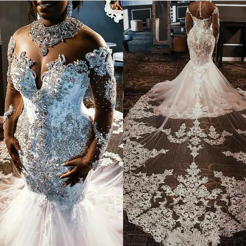 Ny ankomst Luxury Bröllopsklänningar Afrikanska sjöjungfrun Långärmade pärlstav BEACE Bridal Gowns Vestido de Noiva