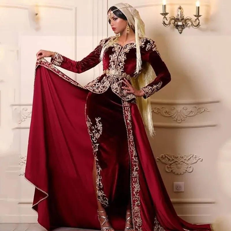 Sevintage Długie Rękawy Karakou Algierski strój Syrenki Suknie Wieczorowe Koronkowe Aplikacje Muzułmańskie Prom Suknie Vestidos de Gala LJ201120