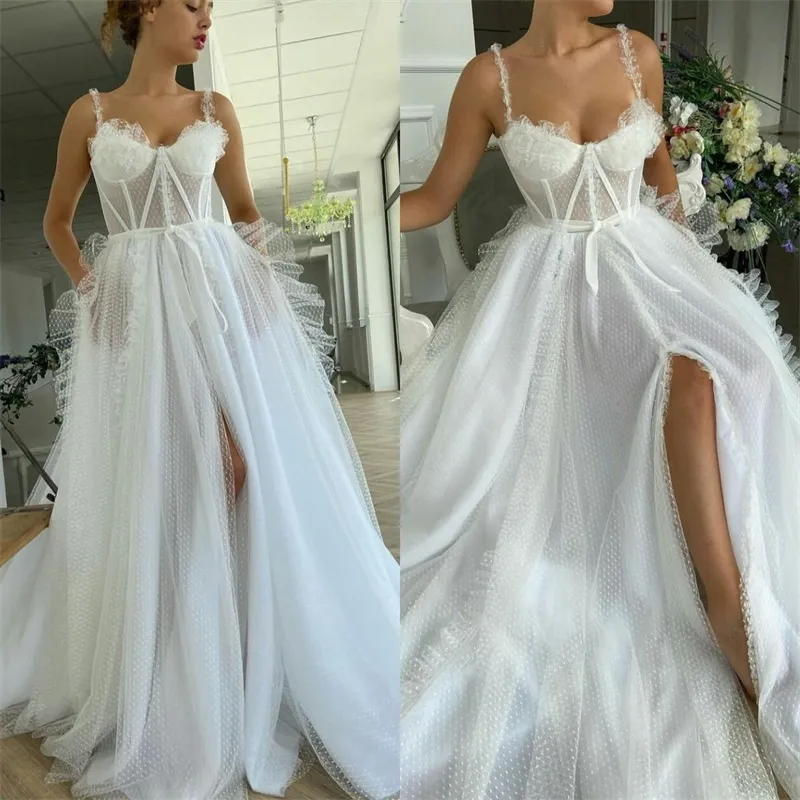 Prinses een lijn trouwjurken dot kant moderne mouwloze vestidos de novia sexy hoge split op maat gemaakte sweep trein bruidsjurken
