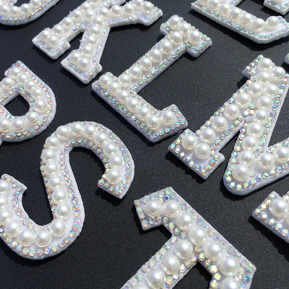 Sewing Accessories Clothing Stickers A-Z Alphabet Embroidery Pearl Patch Rhinestone Letter Sew On Patches Garment Applique